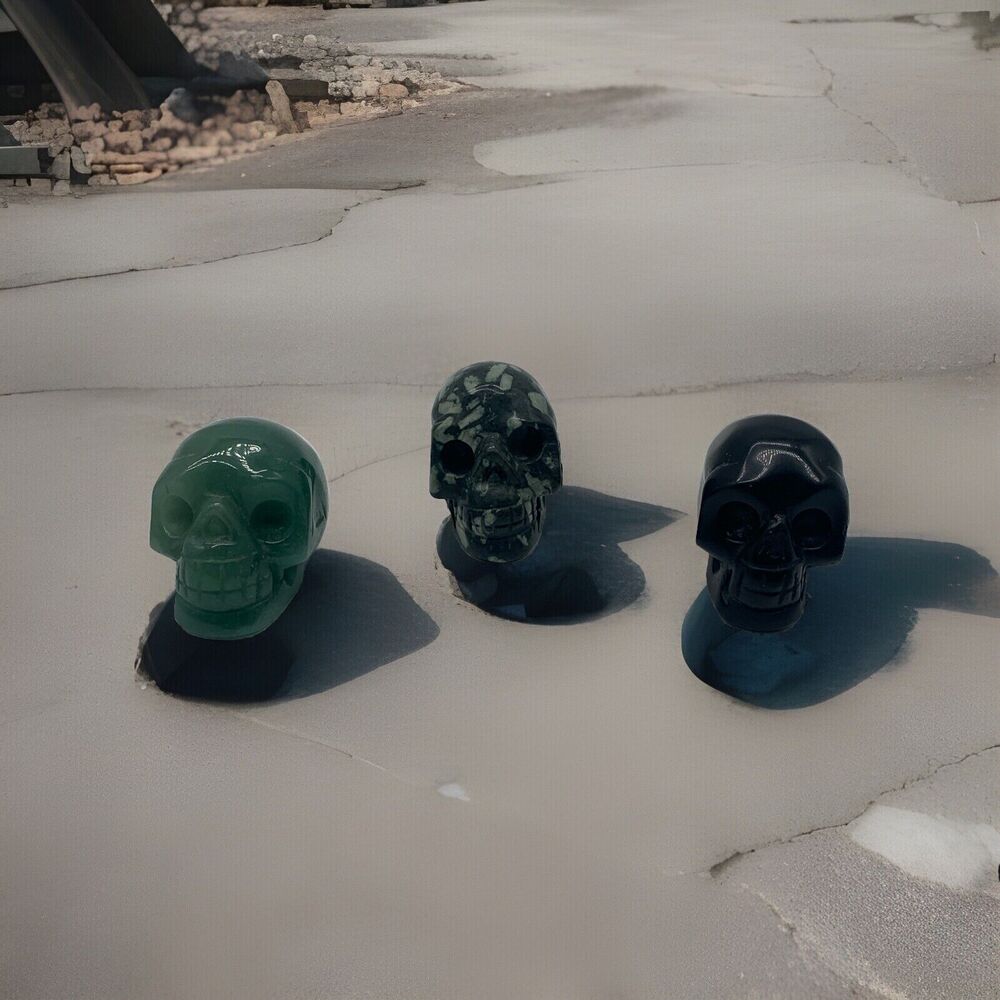 Lot Of 3 Carved Crystal Skulls 2” Aventurine Chrysanthemum And Black Obsidian